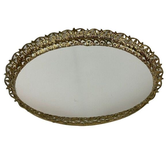 Vintage Oval Vanity Tray Gold Gilt Metal Filigree Mirror Hollywood Regency 1950s - Picture 2 of 8